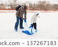Mother and Child Ice Skating with Polar Bear Aid on Winter Day 137267183