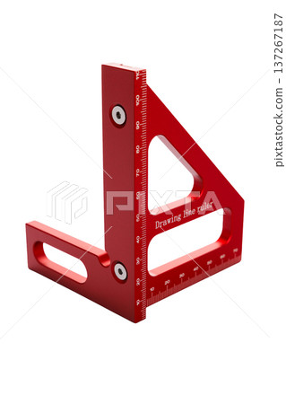 Red Aluminum Drawing Line Ruler Square on White Background Red Aluminum Drawing Line Ruler Square on White Background 137267187