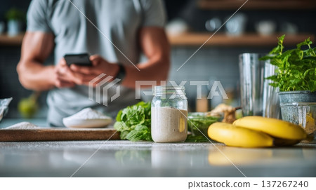Fitness Influencer Prepares Morning Shake in Professional Kitchen 137267240