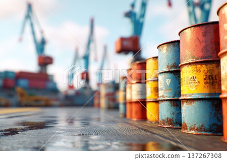 Oil Barrels on Shipping Dock with Cranes and Containers in Background Oil Barrels on Shipping Dock with Cranes and Containers in Background 137267308