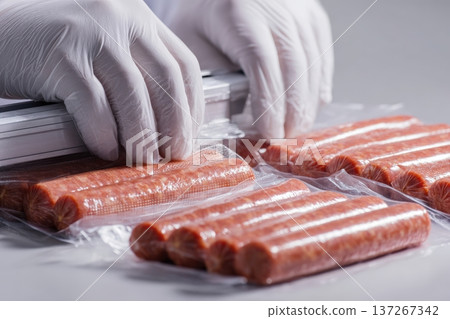 Close-up of Gloved Hands Sealing Sausage Packaging with Heat Sealer 137267342