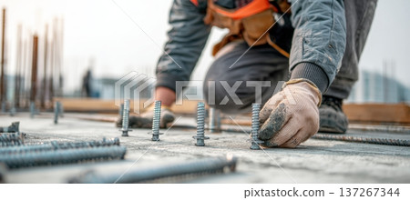 Worker Installing Foundation Anchors on Concrete Slab with Metal Bolts in Foreground 137267344