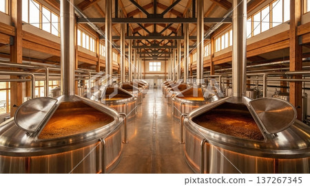 Wide shot of modern brewing hall with aligned mash tuns and warm lighting 137267345