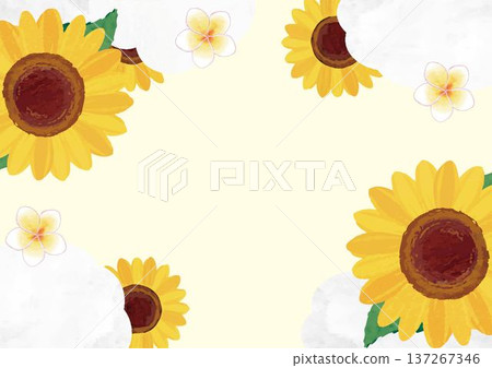 Watercolor frame illustration of sunflowers and plumeria. Summer vacation, vacation, summer greeting card background vector material Watercolor frame illustration of sunflowers and plumeria. Summer vacation, vacation, summer greeting card background vector material 137267346