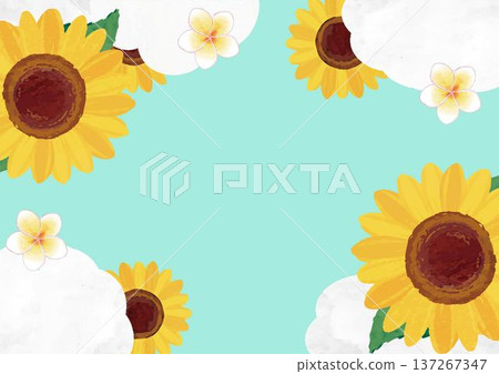 Watercolor frame illustration of sunflowers and plumeria. Summer vacation, vacation, summer greeting card background vector material 137267347