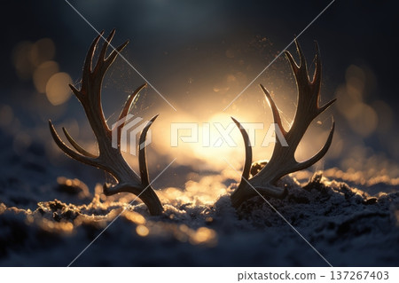 Photorealistic Reindeer Antlers Silhouette in Snowy Forest at Sunset 137267403