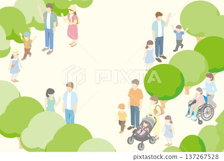 Isometric illustration of a summer park where diverse people spend time. Concept background for city development, welfare, and family travel Isometric illustration of a summer park where diverse people spend time. Concept background for city development, welfare, and family travel 137267528