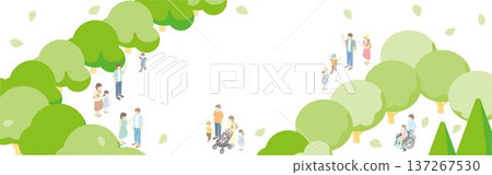 Isometric illustration of a summer park where diverse people spend time. Concept background for city development, welfare, and family travel Isometric illustration of a summer park where diverse people spend time. Concept background for city development, welfare, and family travel 137267530