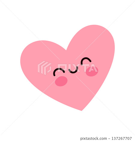 Cute Pink Heart with Smiling Face in Kawaii Flat Style 137267707