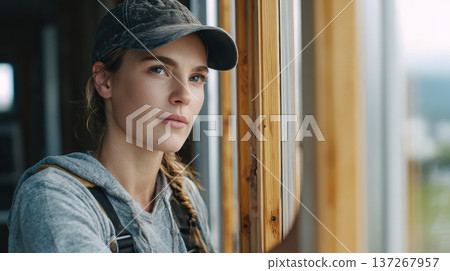 Female Installer Checking Door Alignment in Casual Workwear Female Installer Checking Door Alignment in Casual Workwear 137267957