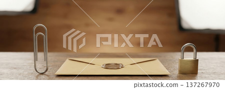 Paper Clip, Sealed Envelope, and Padlock on Wooden Table in Macro View 137267970