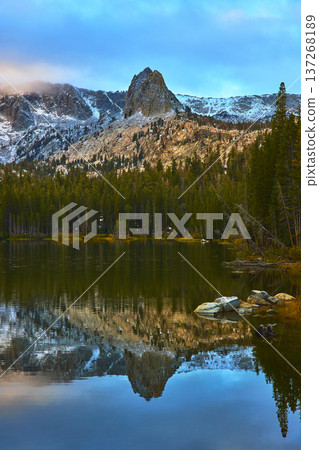 Mountain Peak Snow Pine Forest and Lake Reflection at Sunrise 137268189