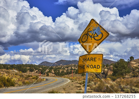 Bullet Damaged Bicycle Share the Road Sign on Rural California Highway 120 Bullet Damaged Bicycle Share the Road Sign on Rural California Highway 120 137268255