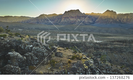 Aerial Golden Hour Red Rock Canyon Mountain Range and Desert Landscape Aerial Golden Hour Red Rock Canyon Mountain Range and Desert Landscape 137268276