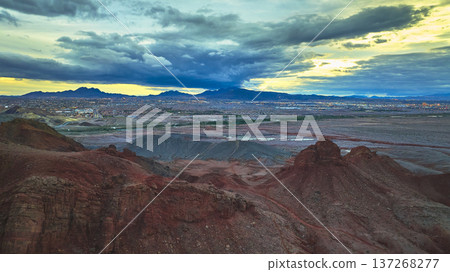 Aerial Lava Butte Red Rock Formations Overlooking Las Vegas Nevada Cityscape Aerial Lava Butte Red Rock Formations Overlooking Las Vegas Nevada Cityscape 137268277