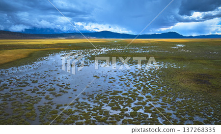 Aerial Wetland Grassland and Mountain Landscape Under Dramatic Sky California 137268335