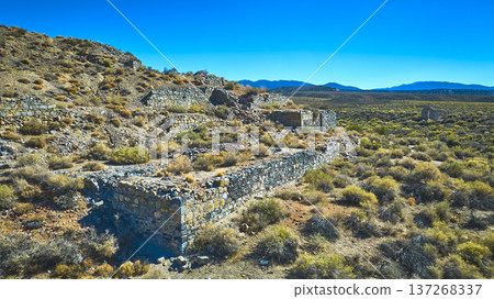 Abandoned Stone Ruins and Desert Landscape Aerial California White Mountain 137268337