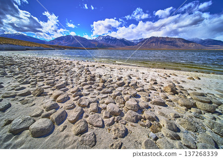 Crowley Lake Rocky Shoreline with Snowcapped Mountains and Blue Sky in Eastern Sierra Crowley Lake Rocky Shoreline with Snowcapped Mountains and Blue Sky in Eastern Sierra 137268339