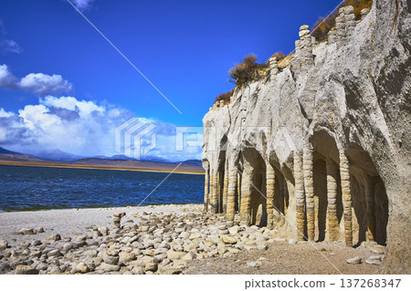 Crowley Lake Stone Columns and Blue Water Under Dramatic Sky Eastern Sierra California Crowley Lake Stone Columns and Blue Water Under Dramatic Sky Eastern Sierra California 137268347