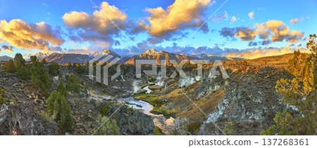 Panorama of Snowy Sierra Mountains River and Sunrise Over Rugged Eastern California Panorama of Snowy Sierra Mountains River and Sunrise Over Rugged Eastern California 137268361