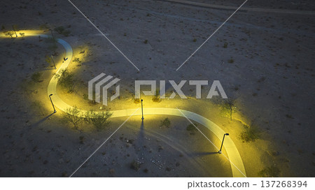 Aerial Illuminated Walking Path at Blue Hour in Las Vegas Desert Park Aerial Illuminated Walking Path at Blue Hour in Las Vegas Desert Park 137268394