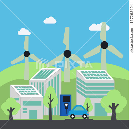 Eco Friendly City with Renewable Energy and Electric Vehicle Charging Eco Friendly City with Renewable Energy and Electric Vehicle Charging 137268404