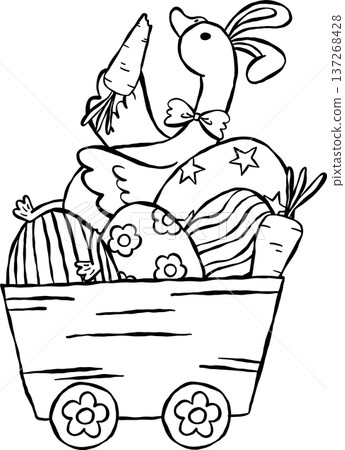 Cute Easter Silly Goose Outline Bunny Enjoying Carrot in Easter Eggs Cart Cartoon Hand Drawn Cute Easter Silly Goose Outline Bunny Enjoying Carrot in Easter Eggs Cart Cartoon Hand Drawn 137268428
