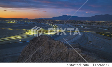 Aerial Las Vegas Highway Lights and Desert Landscape at Blue Hour Aerial Las Vegas Highway Lights and Desert Landscape at Blue Hour 137268447