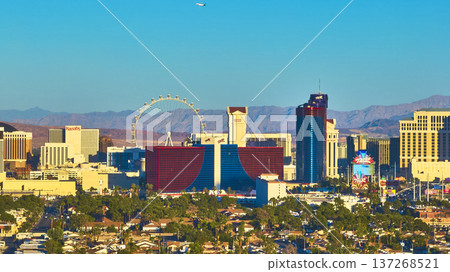 Aerial Las Vegas Strip Nevada High Roller and Hotels at Golden Hour 137268521