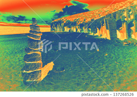 Infrared Cairn and Crowley Lake Stone Columns with Vibrant Gradient Map Effect Infrared Cairn and Crowley Lake Stone Columns with Vibrant Gradient Map Effect 137268526