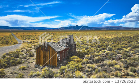 Aerial Abandoned House and Dirt Road in Vast California Desert Landscape Aerial Abandoned House and Dirt Road in Vast California Desert Landscape 137268528