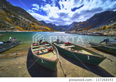 Mountain Lake Boating Dock and Fall Foliage in Eastern Sierra California 137268543