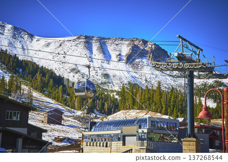 Mammoth Ski Area Gondola with Snowy Mountain and Forest in California Mammoth Ski Area Gondola with Snowy Mountain and Forest in California 137268544