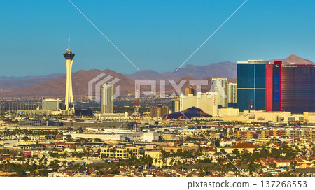 Aerial Las Vegas Strip Stratosphere Tower Hotels Golden Hour View Aerial Las Vegas Strip Stratosphere Tower Hotels Golden Hour View 137268553