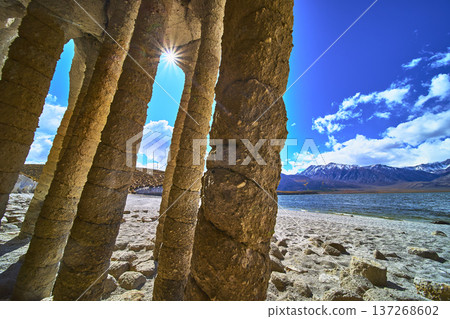 Crowley Lake Stone Columns Sunburst Sierra Mountains and Lake Shoreline Crowley Lake Stone Columns Sunburst Sierra Mountains and Lake Shoreline 137268602