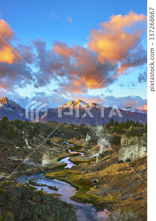 Snow Capped Mountain Sunrise River and Hot Spring in Eastern Sierra California Snow Capped Mountain Sunrise River and Hot Spring in Eastern Sierra California 137268667