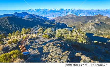 Aerial Mountain Landscape with Bench Overlook and Bristlecone Forest California Aerial Mountain Landscape with Bench Overlook and Bristlecone Forest California 137268676