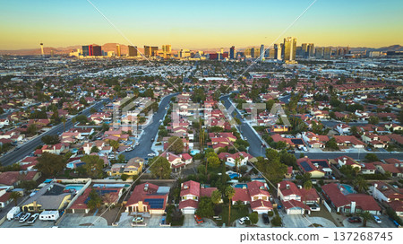 Aerial Las Vegas Strip Residential Neighborhood Golden Hour Skyline Aerial Las Vegas Strip Residential Neighborhood Golden Hour Skyline 137268745