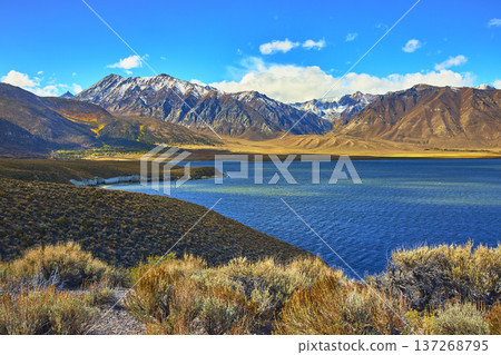 Mountain Lake and Snow Capped Peaks with Sagebrush in Eastern Sierra California Mountain Lake and Snow Capped Peaks with Sagebrush in Eastern Sierra California 137268795