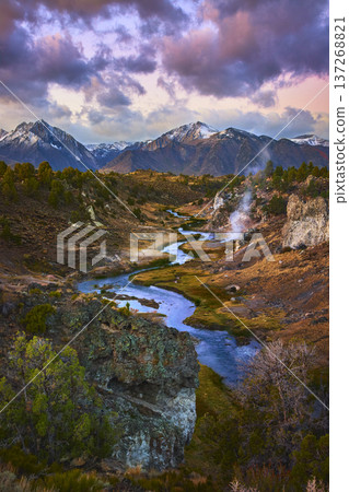 Snow Capped Mountains Sunrise River and Hot Spring in Eastern Sierra California Snow Capped Mountains Sunrise River and Hot Spring in Eastern Sierra California 137268821