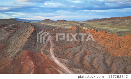 Aerial Sunrise Over Lava Butte Nevada Desert Road and Rugged Red Hills Aerial Sunrise Over Lava Butte Nevada Desert Road and Rugged Red Hills 137268842