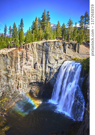 Rainbow Falls Waterfall with Vibrant Rainbow and Pine Forest in Devils Postpile Rainbow Falls Waterfall with Vibrant Rainbow and Pine Forest in Devils Postpile 137268859