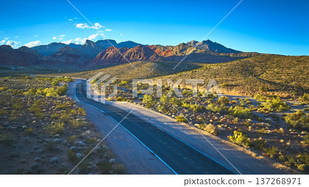 Aerial Red Rock Canyon Desert Road and Turtlehead Peak Nevada Landscape 137268971