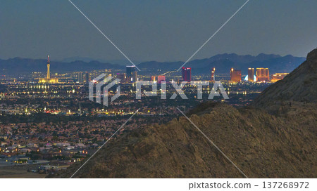 Aerial Las Vegas Strip Lone Mountain and Suburban Nevada Cityscape at Dusk 137268972