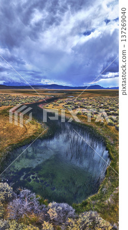 Aerial Panorama of River Spring Lake Winding River and Mountain Landscape California Aerial Panorama of River Spring Lake Winding River and Mountain Landscape California 137269040