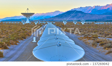 Aerial Owens Valley Radio Observatory Array and Sierra Nevada Mountain Sunrise Aerial Owens Valley Radio Observatory Array and Sierra Nevada Mountain Sunrise 137269042