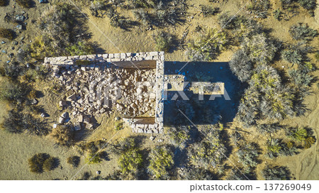 Aerial Abandoned Stone Structure Ruin and Desert Vegetation Top Down Aerial Abandoned Stone Structure Ruin and Desert Vegetation Top Down 137269049