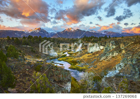 Mountain Sunrise Over River Valley With Hot Spring And Snow In Eastern Sierra Mountain Sunrise Over River Valley With Hot Spring And Snow In Eastern Sierra 137269068