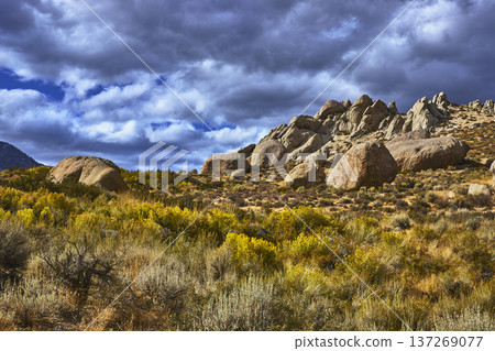 Buttermilk Boulders and Dramatic Clouds Over Eastern Sierra Landscape California Buttermilk Boulders and Dramatic Clouds Over Eastern Sierra Landscape California 137269077