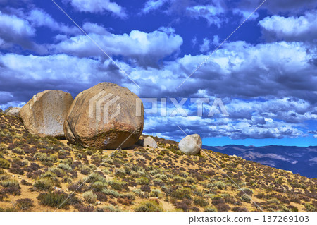 Buttermilk Boulders Granite Formations and Dramatic Clouds in Eastern Sierra Landscape Buttermilk Boulders Granite Formations and Dramatic Clouds in Eastern Sierra Landscape 137269103